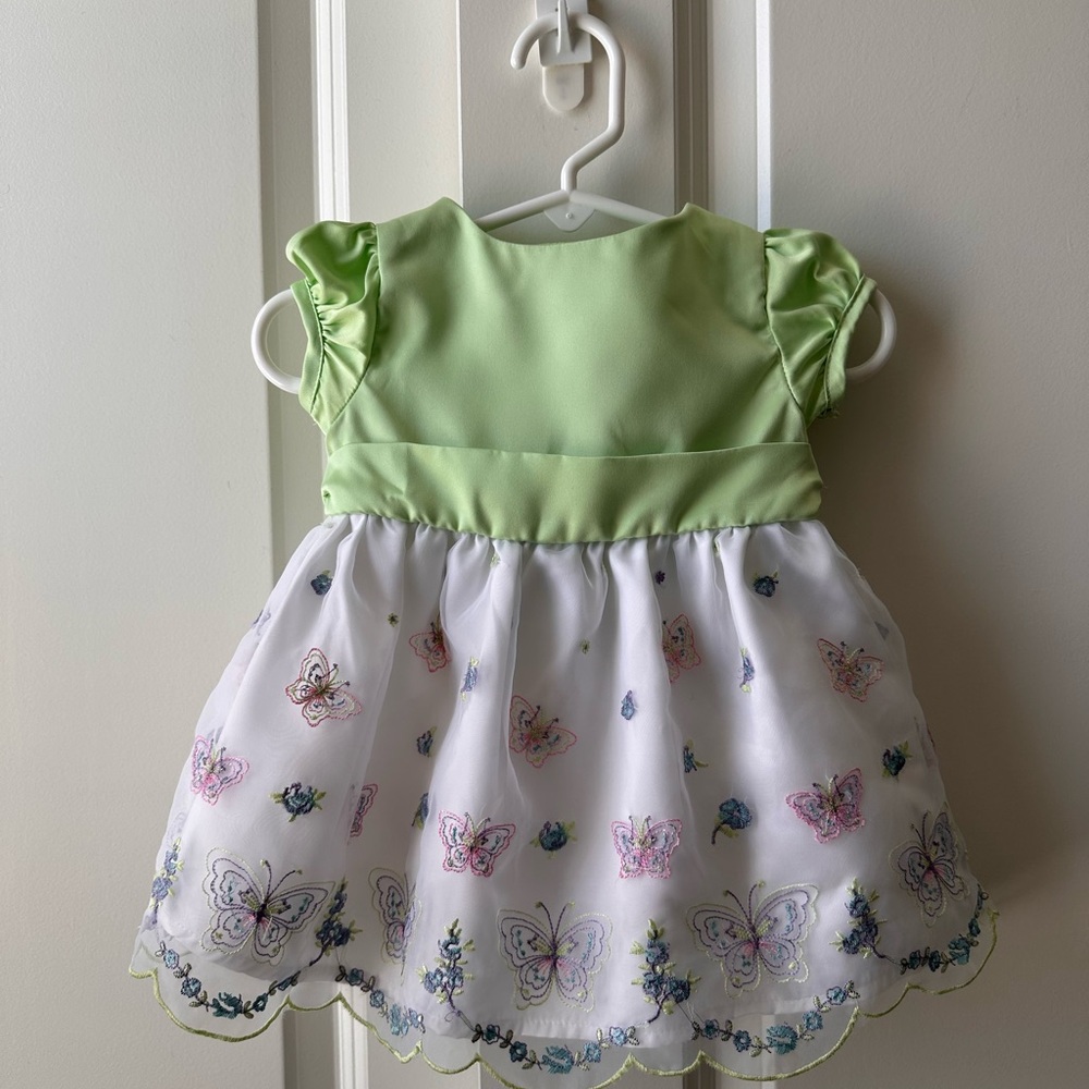 Small Wonders Green and White Butterfly Dress Sz. 6-9 Months Easter Spring